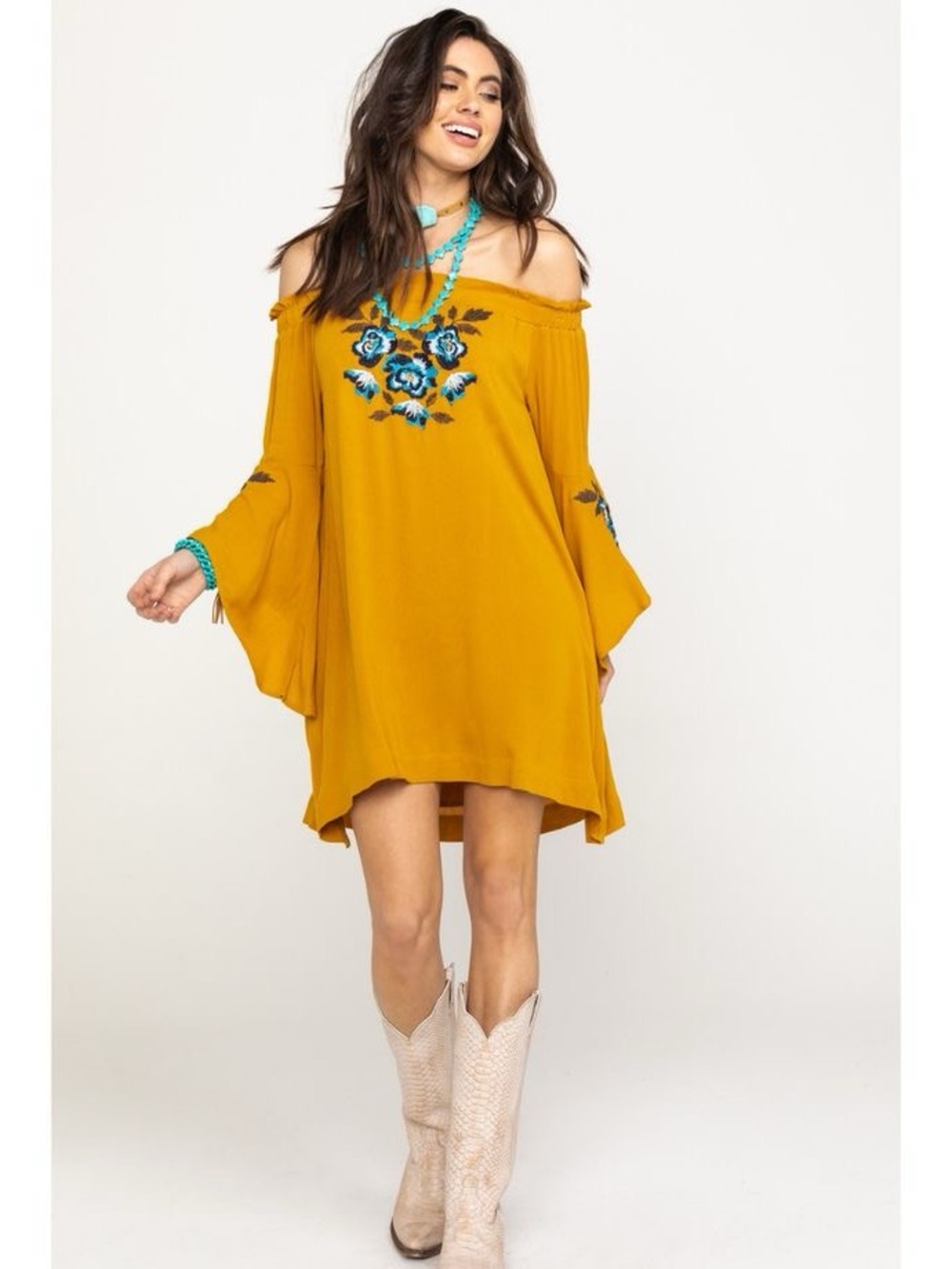 Shyanne off-the-shoulder floral embroidered bohemian tunic dress Sz S Peasant